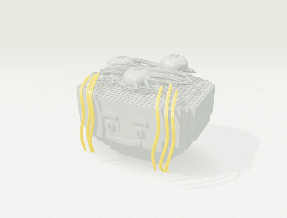 Step 29: Let the noodles drape. New parts in color, previously placed parts in gray.